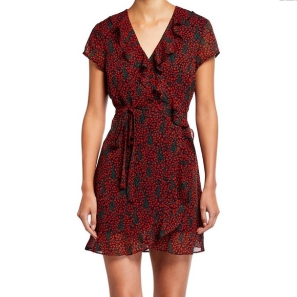Bardot Faux Wrap Mini Dress Cherry Red Black - Picture 1 of 13